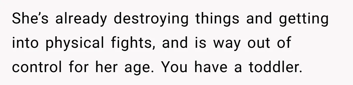 She’s already destroying things and getting into physical fights, and is way out of control for her age. You have a toddler.