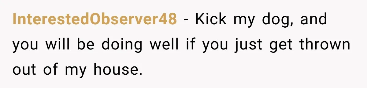 InterestedObserver48 − Kick my dog, and you will be doing well if you just get thrown out of my house.