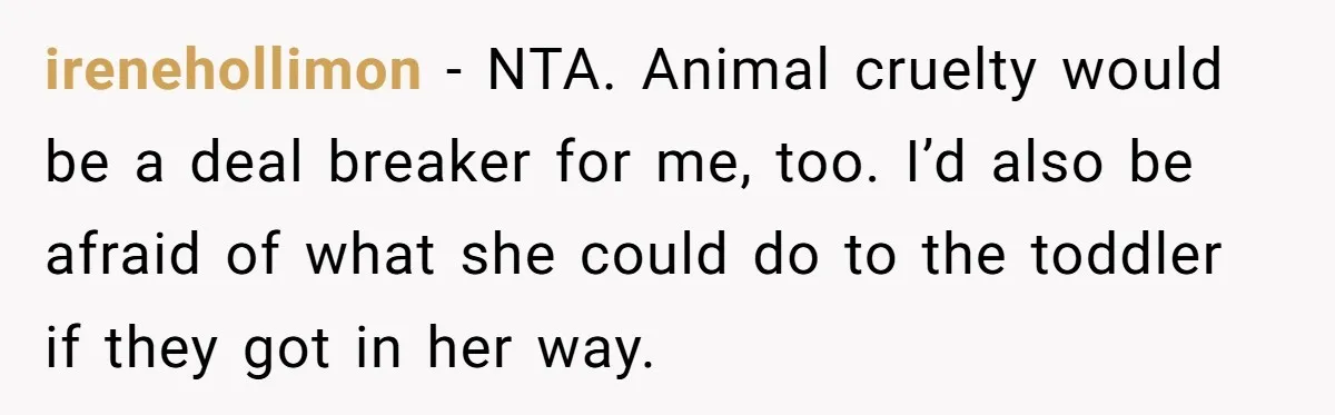 irenehollimon − NTA. Animal cruelty would be a deal breaker for me, too. I’d also be afraid of what she could do to the toddler if they got in her...