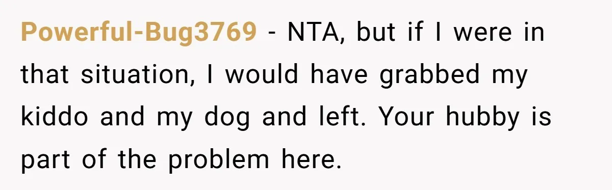 Powerful-Bug3769 − NTA, but if I were in that situation, I would have grabbed my kiddo and my dog and left. Your hubby is part of the problem here.