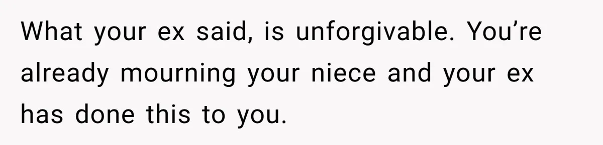What your ex said, is unforgivable. You’re already mourning your niece and your ex has done this to you.