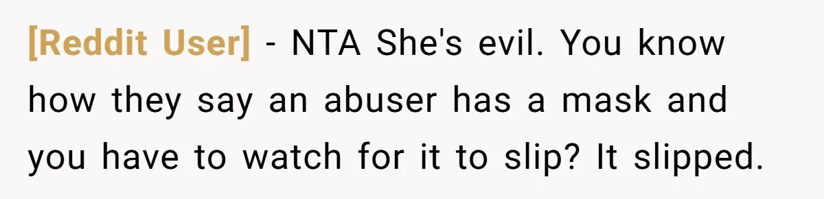[Reddit User] − NTA She's evil. You know how they say an abuser has a mask and you have to watch for it to slip? It slipped.