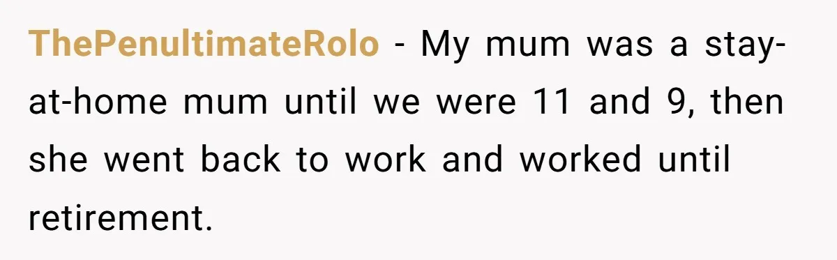 ThePenultimateRolo − My mum was a stay-at-home mum until we were 11 and 9, then she went back to work and worked until retirement.