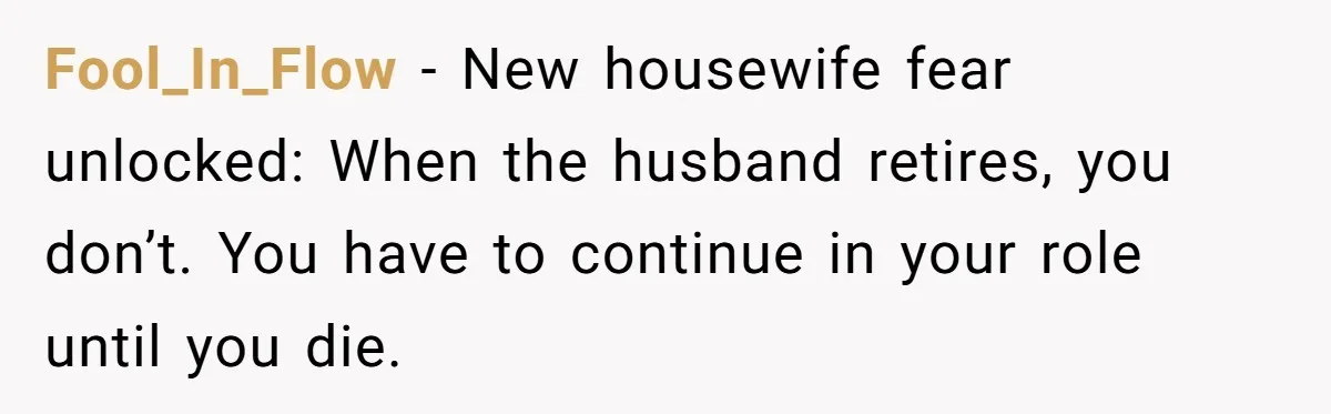 Fool_In_Flow − New housewife fear unlocked: When the husband retires, you don’t. You have to continue in your role until you die.