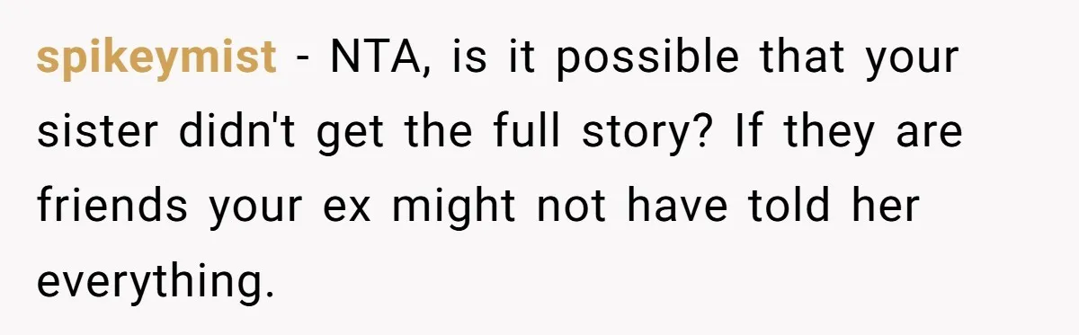 spikeymist − NTA, is it possible that your sister didn't get the full story? If they are friends your ex might not have told her everything.