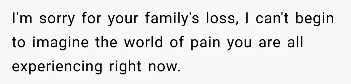 I'm sorry for your family's loss, I can't begin to imagine the world of pain you are all experiencing right now.