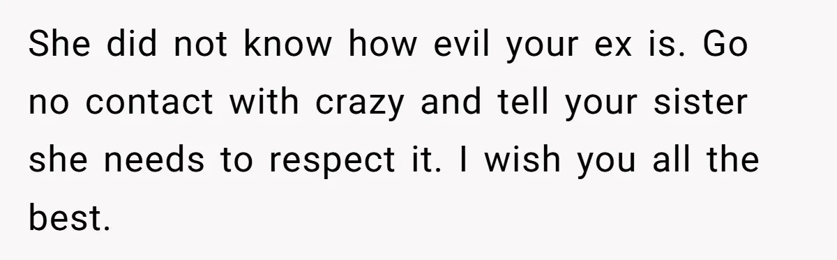 She did not know how evil your ex is. Go no contact with crazy and tell your sister she needs to respect it. I wish you all the best.