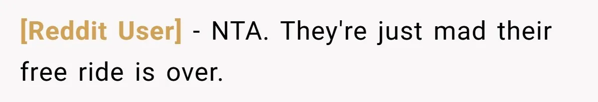 [Reddit User] − NTA. They're just mad their free ride is over.