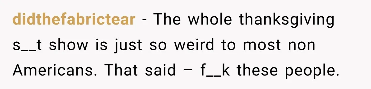 didthefabrictear − The whole thanksgiving s__t show is just so weird to most non Americans. That said – f__k these people.