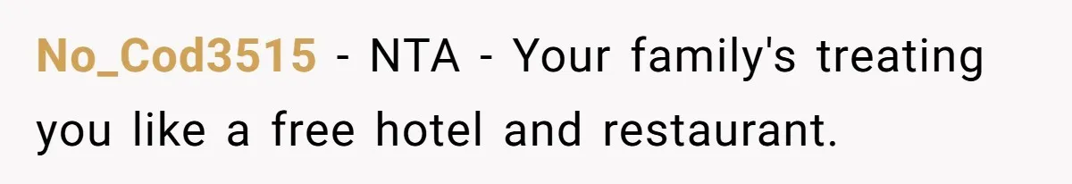 No_Cod3515 − NTA - Your family's treating you like a free hotel and restaurant.