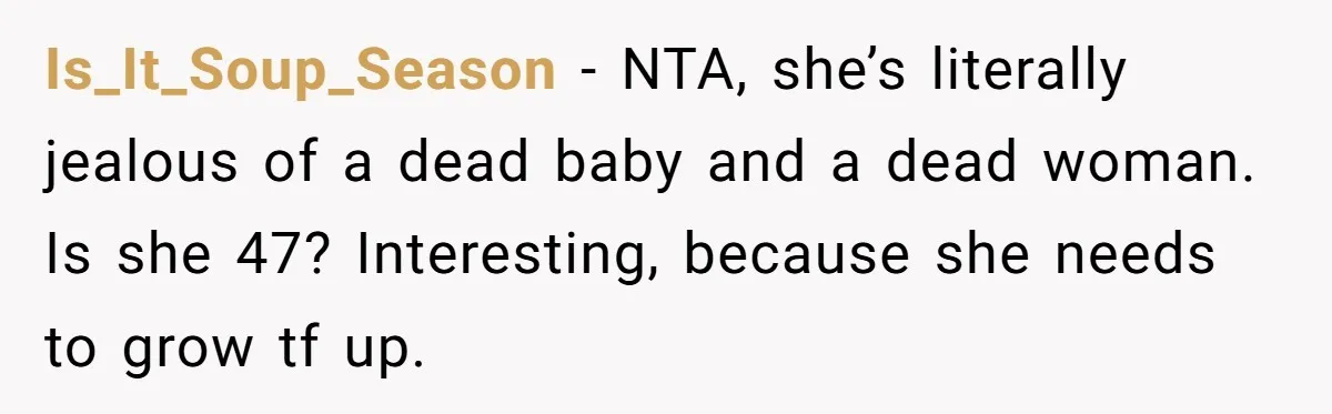 Is_It_Soup_Season − NTA, she’s literally jealous of a dead baby and a dead woman. Is she 47? Interesting, because she needs to grow tf up.