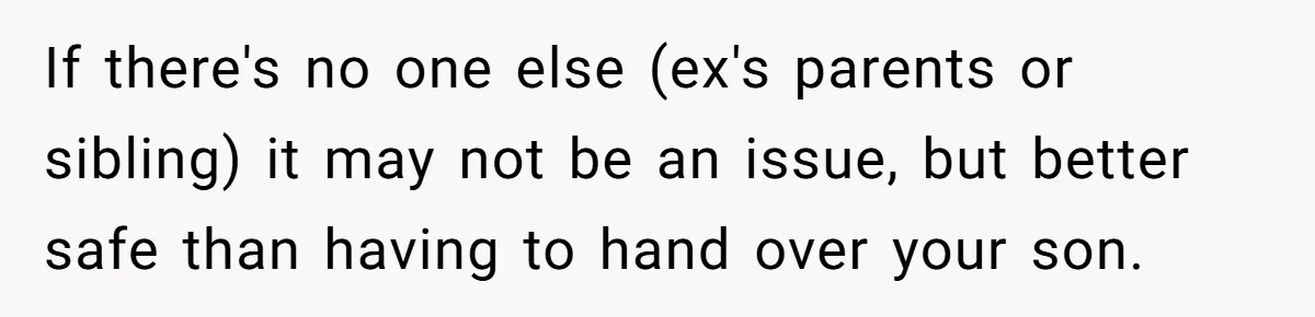 If there's no one else (ex's parents or sibling) it may not be an issue, but better safe than having to hand over your son.
