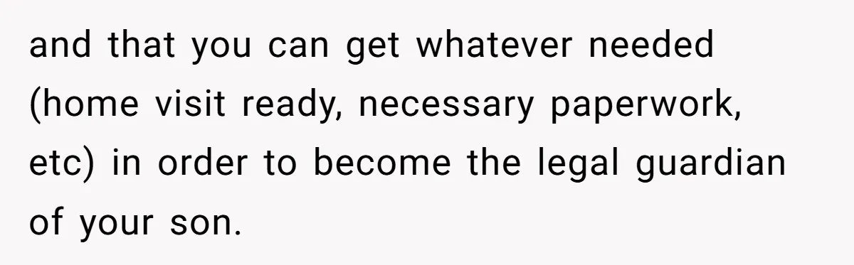 and that you can get whatever needed (home visit ready, necessary paperwork, etc) in order to become the legal guardian of your son.
