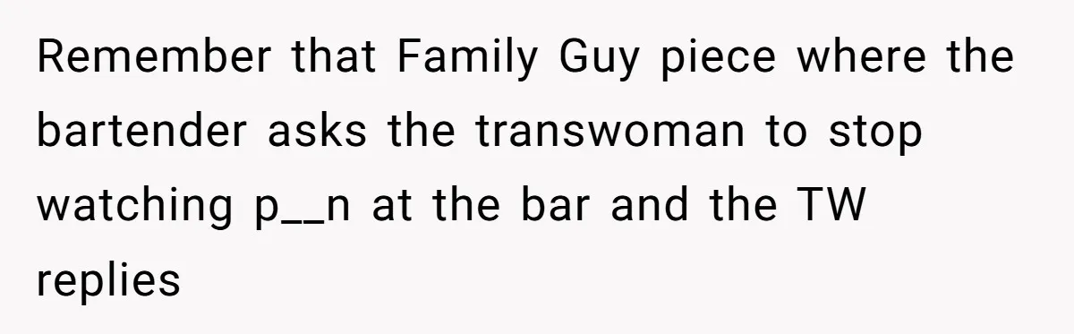 Remember that Family Guy piece where the bartender asks the transwoman to stop watching p__n at the bar and the TW replies