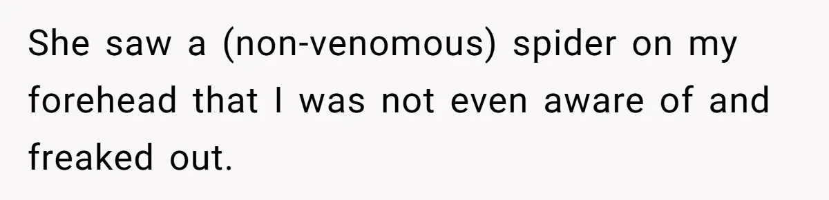 She saw a (non-venomous) spider on my forehead that I was not even aware of and freaked out.