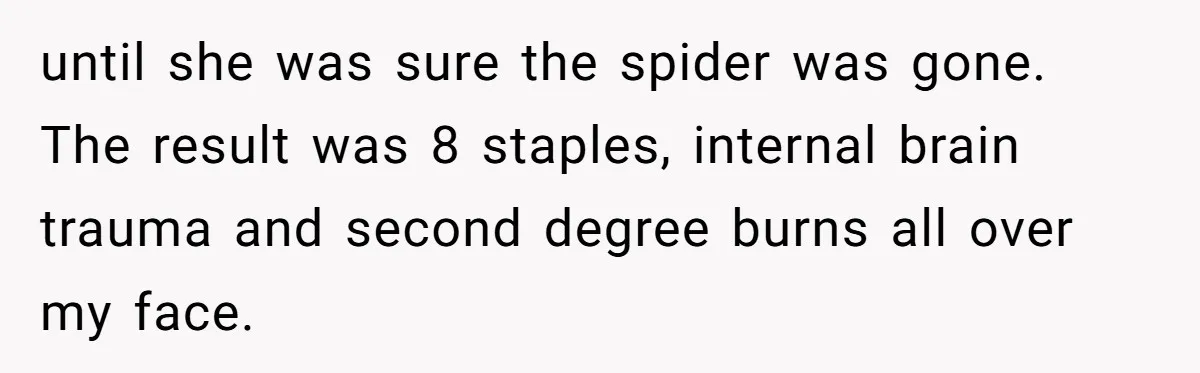 until she was sure the spider was gone. The result was 8 staples, internal brain trauma and second degree burns all over my face.