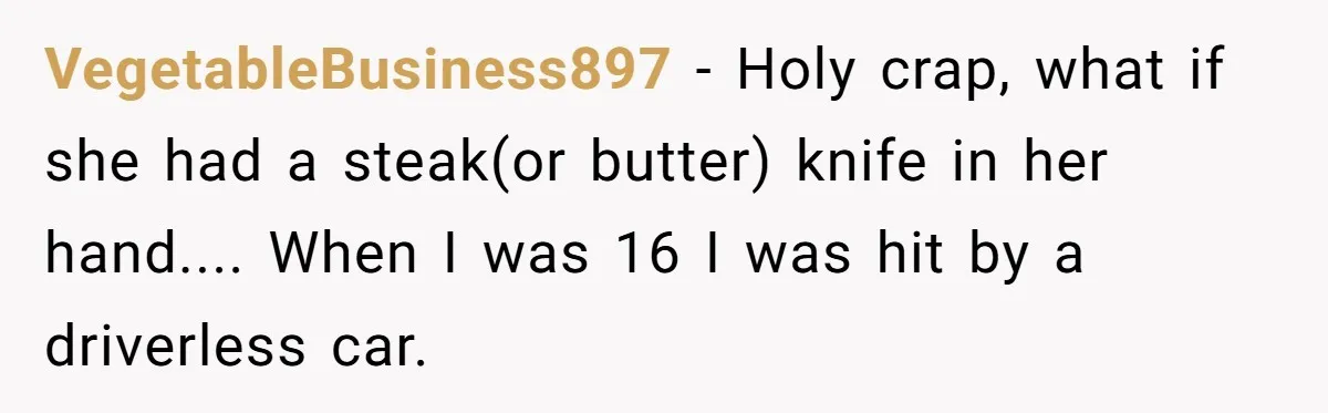 VegetableBusiness897 − Holy crap, what if she had a steak(or butter) knife in her hand.... When I was 16 I was hit by a driverless car.