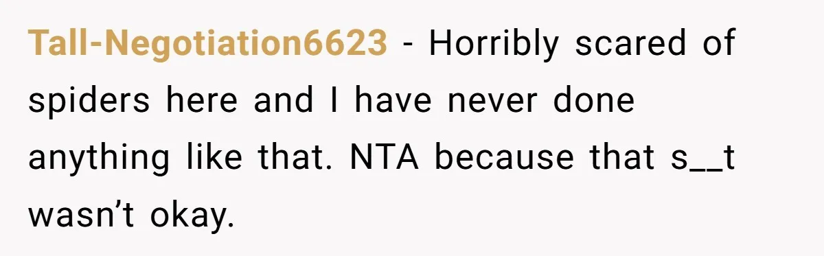 Tall-Negotiation6623 − Horribly scared of spiders here and I have never done anything like that. NTA because that s__t wasn’t okay.