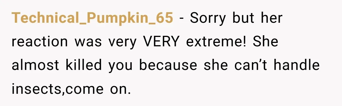 Technical_Pumpkin_65 − Sorry but her reaction was very VERY extreme! She almost killed you because she can’t handle insects,come on.