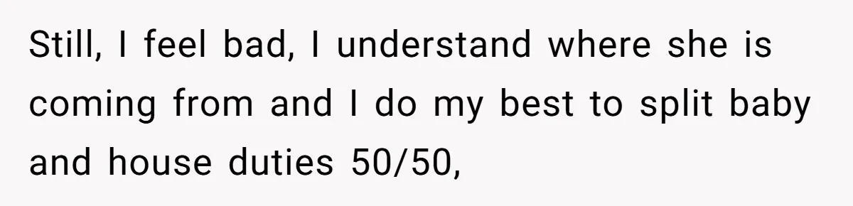 Still, I feel bad, I understand where she is coming from and I do my best to split baby and house duties 50/50,