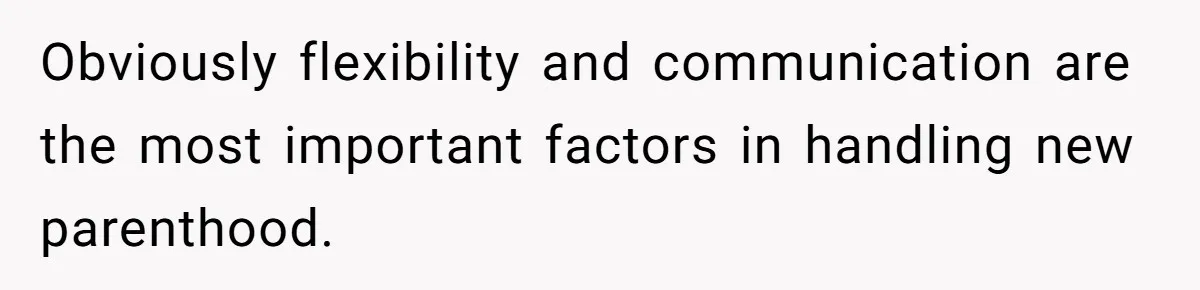 Obviously flexibility and communication are the most important factors in handling new parenthood.