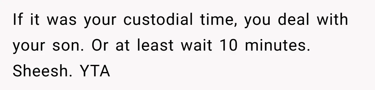If it was your custodial time, you deal with your son. Or at least wait 10 minutes. Sheesh. YTA