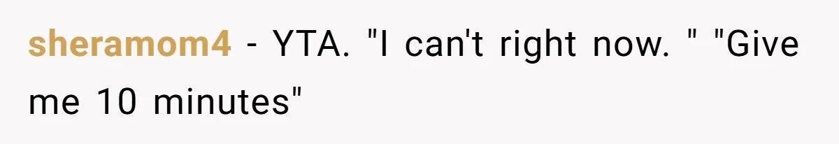 sheramom4 − YTA. "I can't right now. " "Give me 10 minutes"