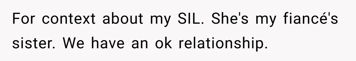 For context about my SIL. She's my fiancé's sister. We have an ok relationship.