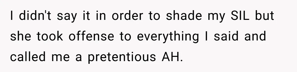 I didn't say it in order to shade my SIL but she took offense to everything I said and called me a pretentious AH.