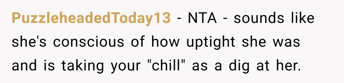 PuzzleheadedToday13 − NTA - sounds like she's conscious of how uptight she was and is taking your "chill" as a dig at her.