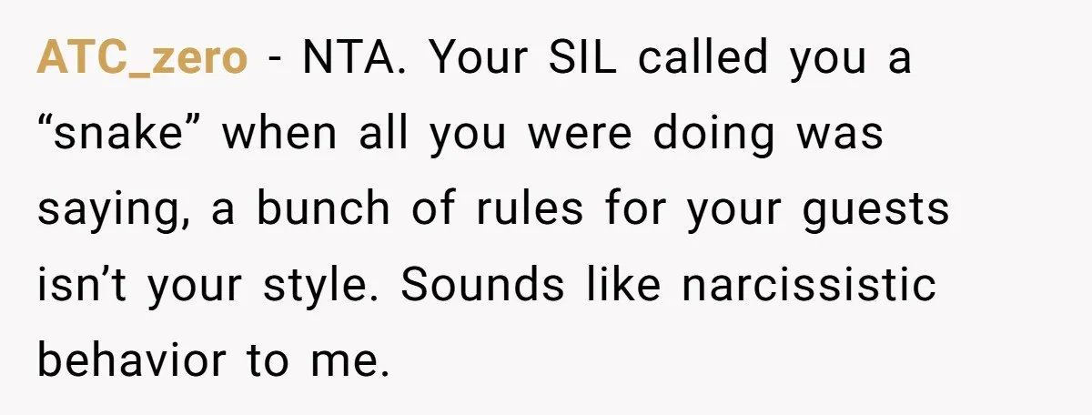 ATC_zero − NTA. Your SIL called you a “snake” when all you were doing was saying, a bunch of rules for your guests isn’t your style. Sounds like narcissistic behavior...