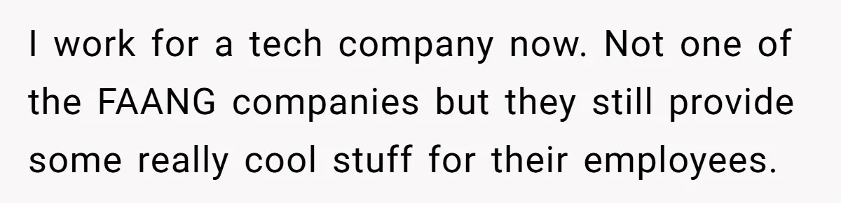 I work for a tech company now. Not one of the FAANG companies but they still provide some really cool stuff for their employees.