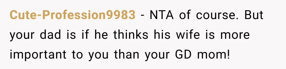 Cute-Profession9983 − NTA of course. But your dad is if he thinks his wife is more important to you than your GD mom!