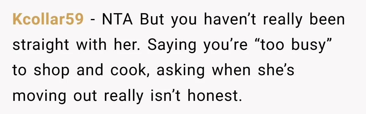 Kcollar59 − NTA But you haven’t really been straight with her. Saying you’re “too busy” to shop and cook, asking when she’s moving out really isn’t honest.