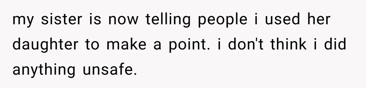 my sister is now telling people i used her daughter to make a point. i don't think i did anything unsafe.