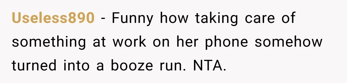 Useless890 − Funny how taking care of something at work on her phone somehow turned into a booze run. NTA.