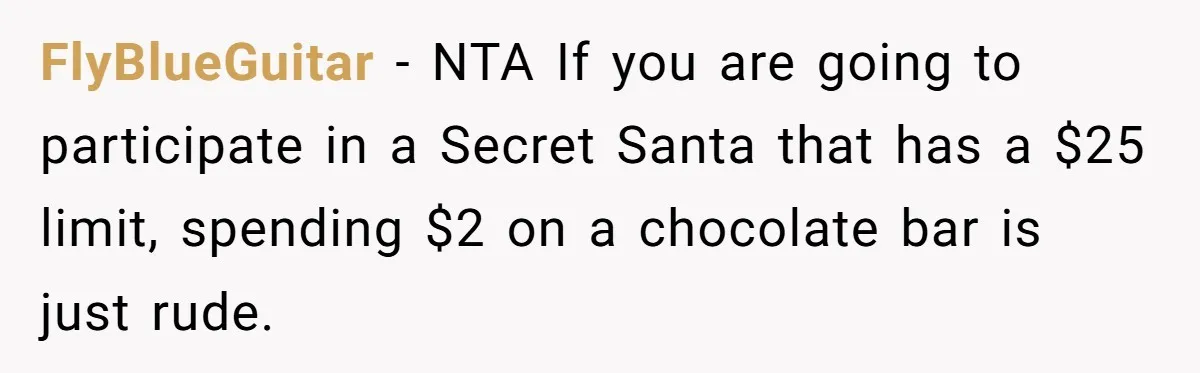 FlyBlueGuitar − NTA If you are going to participate in a Secret Santa that has a $25 limit, spending $2 on a chocolate bar is just rude.