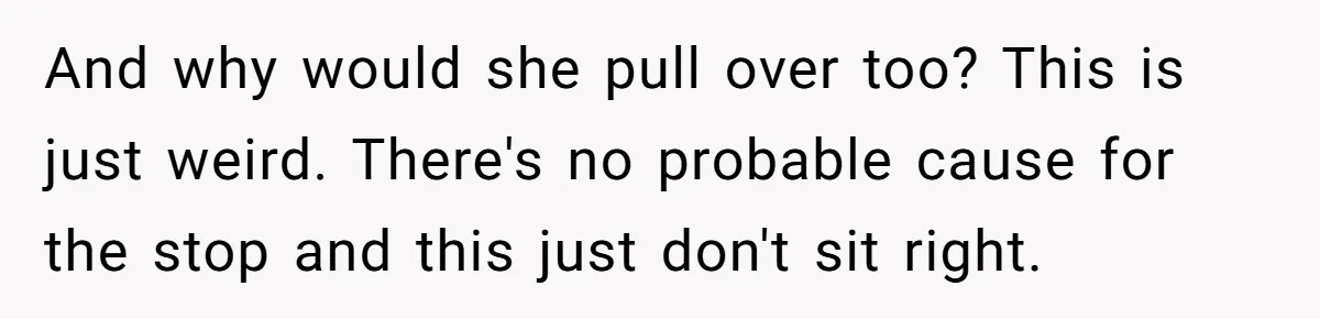 And why would she pull over too? This is just weird. There's no probable cause for the stop and this just don't sit right.