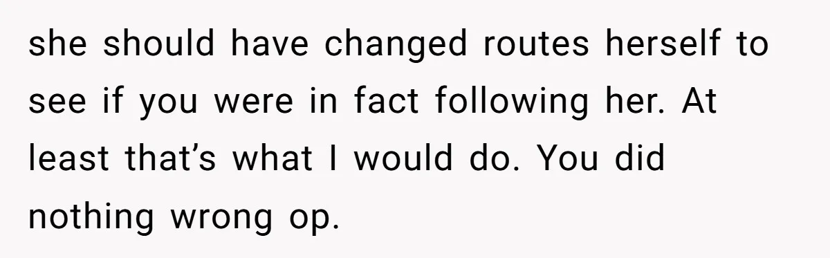 she should have changed routes herself to see if you were in fact following her. At least that’s what I would do. You did nothing wrong op.