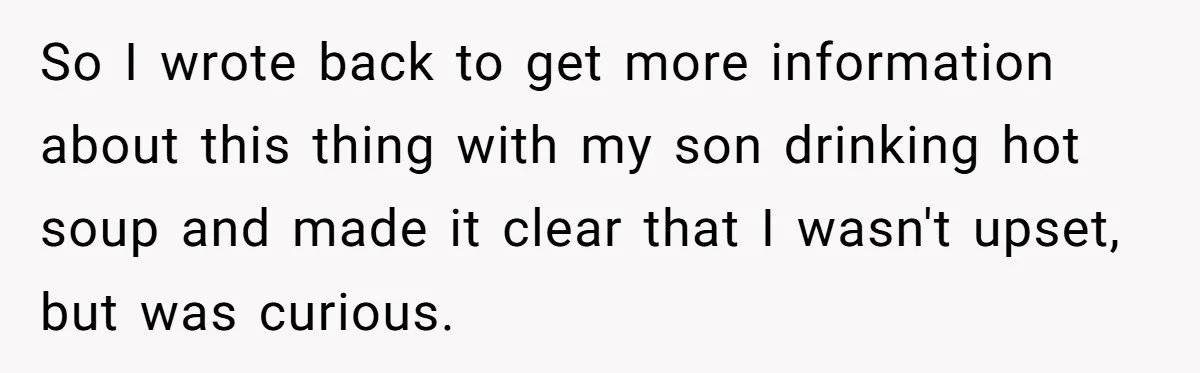 So I wrote back to get more information about this thing with my son drinking hot soup and made it clear that I wasn't upset, but was curious.
