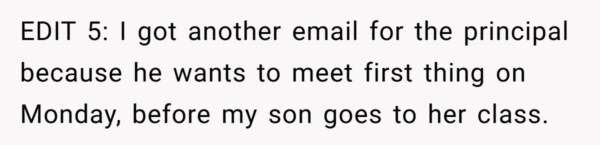 EDIT 5: I got another email for the principal because he wants to meet first thing on Monday, before my son goes to her class.