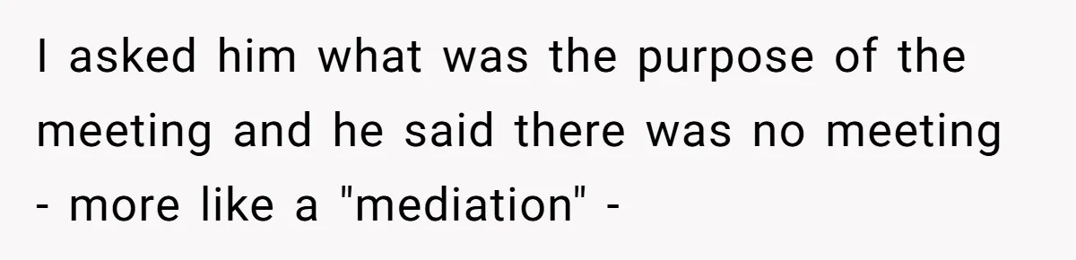 I asked him what was the purpose of the meeting and he said there was no meeting - more like a "mediation" -