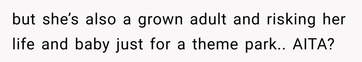 but she’s also a grown adult and risking her life and baby just for a theme park.. AITA?