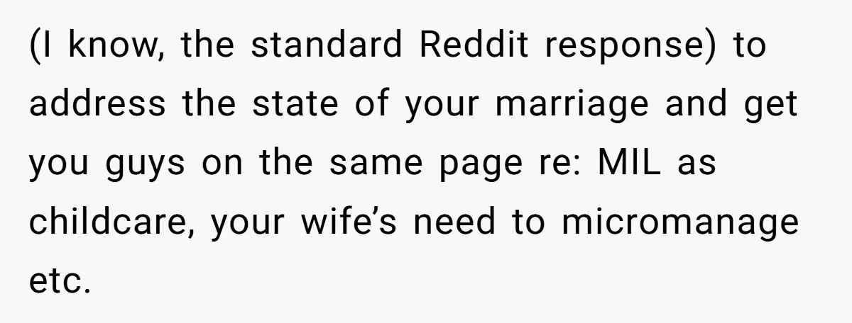 (I know, the standard Reddit response) to address the state of your marriage and get you guys on the same page re: MIL as childcare, your wife’s need to micromanage...