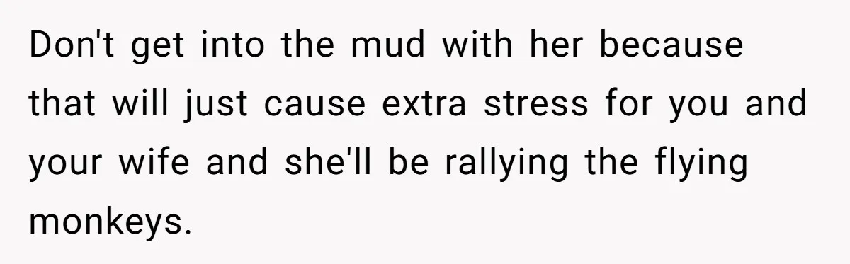 Don't get into the mud with her because that will just cause extra stress for you and your wife and she'll be rallying the flying monkeys.