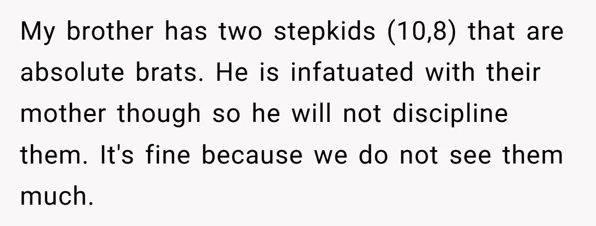 My brother has two stepkids (10,8) that are absolute brats. He is infatuated with their mother though so he will not discipline them. It's fine because we do not see...
