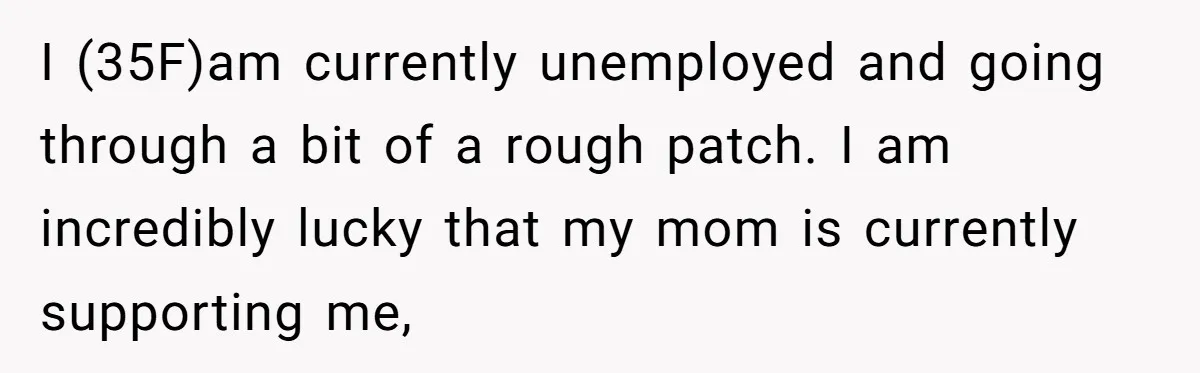 I (35F)am currently unemployed and going through a bit of a rough patch. I am incredibly lucky that my mom is currently supporting me,