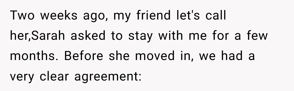 Two weeks ago, my friend let's call her,Sarah asked to stay with me for a few months. Before she moved in, we had a very clear agreement: