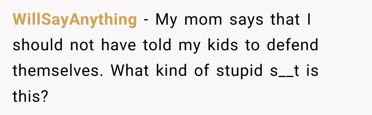 WillSayAnything − My mom says that I should not have told my kids to defend themselves. What kind of stupid s__t is this?