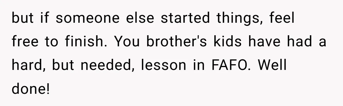 but if someone else started things, feel free to finish. You brother's kids have had a hard, but needed, lesson in FAFO. Well done!